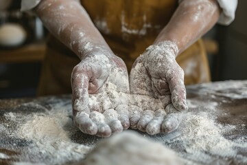 Clap hands of baker with flour in kitchen closeup, a bakery man in the kitchen, a bakery man closeup, bakery man making dough closeup, bakery man background, bakery background