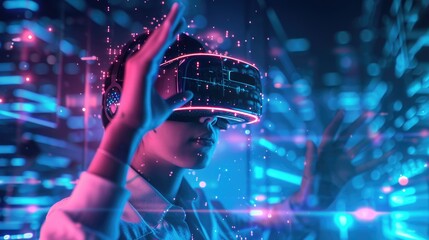 A woman dons a VR headset in a dimly lit room, immersing herself in a virtual reality experience for entertainment. AIG41