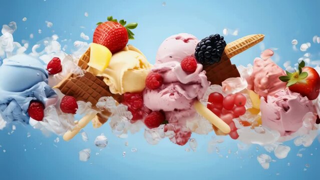 A blue background with a row of ice cream cones and fruit on top of them