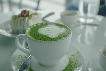 Matcha latte refreshing japanese tea drink milk foam coffee shop office lunch morning routine delicious beverage relaxation break cafe in a cup fresh green tradition glass cream recipe vegetarian