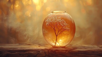   A clear vase containing a tree, positioned on a table against a backdrop of indistinct tree foliage - obrazy, fototapety, plakaty