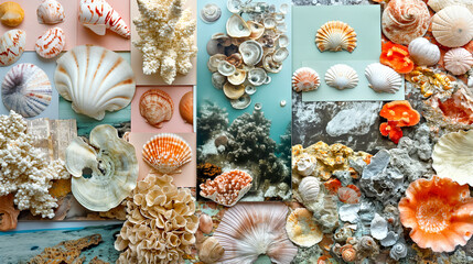 An artistic assembly of seashells, starfish, and ocean artifacts spread over a surface with vintage oceanography documents, capturing the essence of marine exploration - 791050405