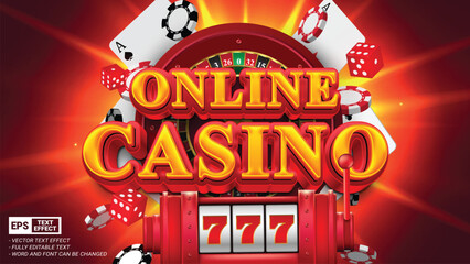 Online casino advertisement editable 3d vector text style effect with roulette wheel, casino slot machine, red dice and playing poker cards