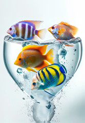 A vivid heart-shaped water splash encircles a group of colorful tropical fish, symbolizing marine love and aquatic artistry - 791050467