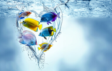 A vivid heart-shaped water splash encircles a group of colorful tropical fish, symbolizing marine love and aquatic artistry - 791050494