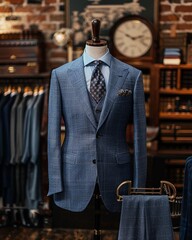 A fashionably tailored suit displayed in an elegant setting, showcasing the luxury and artistry of custom tailoring