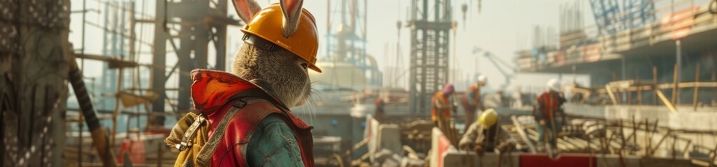 A fluffy bunny donning a hard hat at a busy construction site, combining cuteness with construction chaos