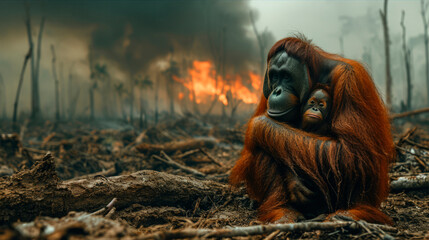 Portrait of the devastating impact of deforestation, featuring an Orangutan mother with her baby sitting amidst the remnants of a tropical forest.