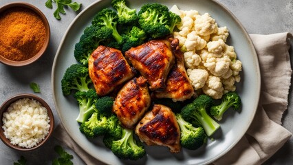 Chicken thighs with five spices, broccoli and cauliflower.