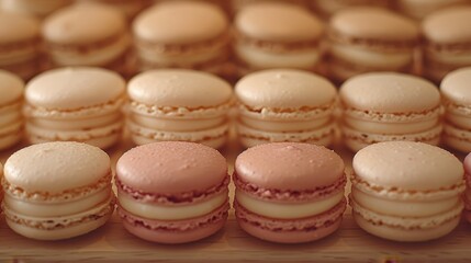 Obraz premium A tight shot of several macaroons arranged on a table, surrounded by more macaroons in the background