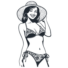 Smiling woman in swimsuit and beach hat, vector illustration