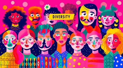 Group of diverse people, in colorful layout.