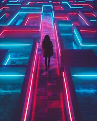 A person navigating a neon maze, the bright pathways symbolizing the twists and turns of solving complex challenges - obrazy, fototapety, plakaty