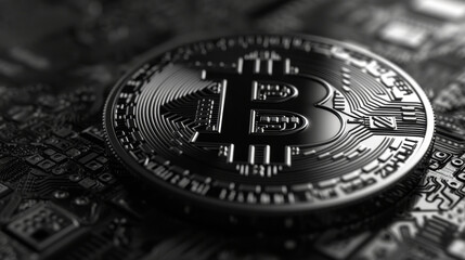 Single bitcoin coin close up, black and white, ambient occlusion.