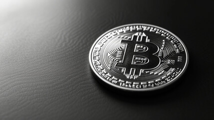 Single bitcoin coin close up, black and white, ambient occlusion.