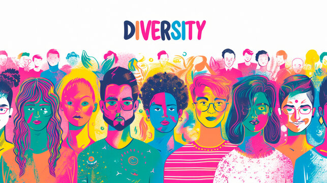 Group of diverse people, in colorful layout.