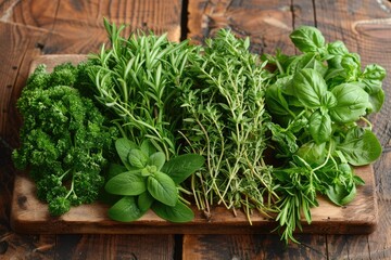 Bunch of garden fresh herbs on wooden board from above.