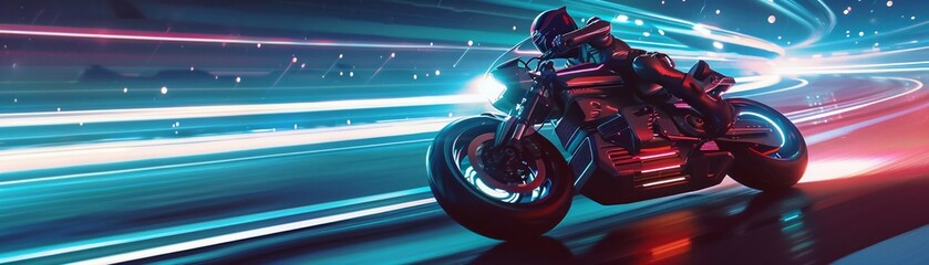 A sleek, highspeed motorcycle with neon accents zooming on a futuristic highway under starlit sky - obrazy, fototapety, plakaty