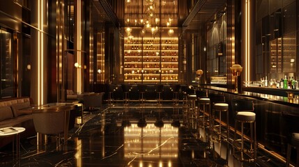 A sophisticated bar ambiance with luxury bottles aligned, soft mood lighting reflecting off polished surfaces