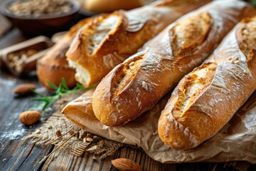 Chopped loaves of freshly baked french baguette bread on wooden table.