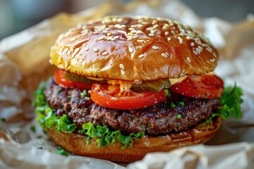 Juicy burger with fresh ingredients on white crinkled baking paper.