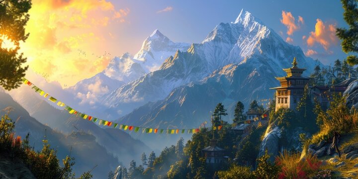 A serene temple adorned with colorful prayer flags stands against the backdrop of majestic snowy mountains illuminated by the sunrise. Resplendent.