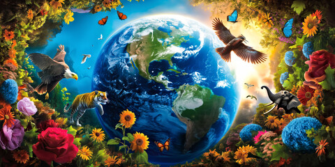 Global Biodiversity: Earth's Floral and Faunal Harmony. Flowery and diverse world map with a variety of animals and plants.International Day for Biological Diversity 22 may - 791051811