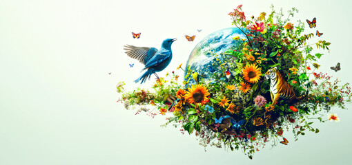 Global Biodiversity: Earth's Floral and Faunal Harmony. Flowery and diverse world map with a variety of animals and plants.International Day for Biological Diversity 22 may - 791051832