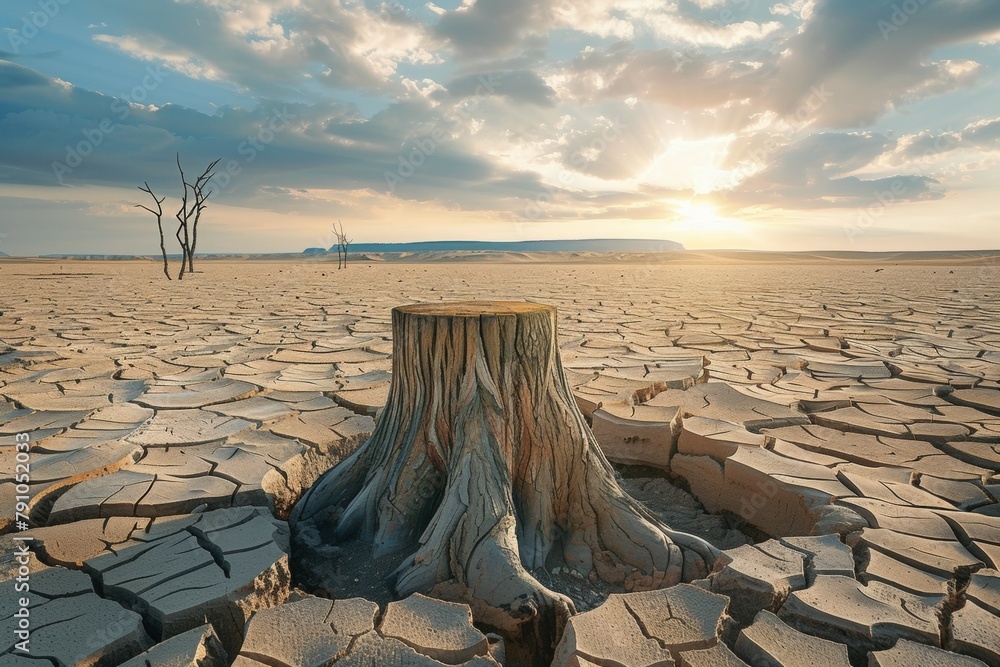 Poster stump from felled tree in drought concept. record summer heat. background of the consequences of env