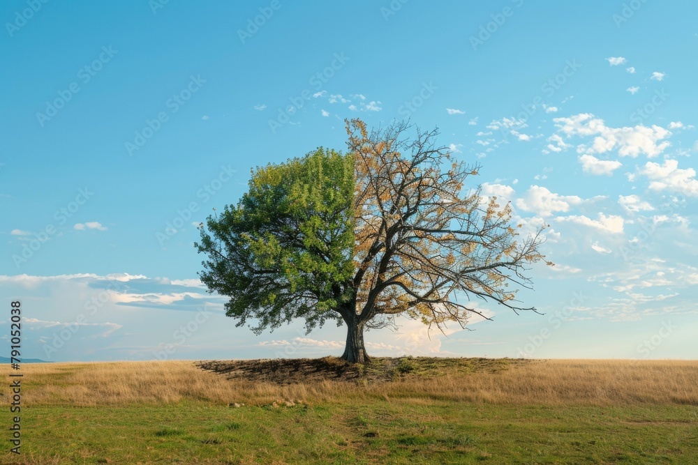 Poster tree in ecology and drought concept. climate change and record heat. background with selective focus