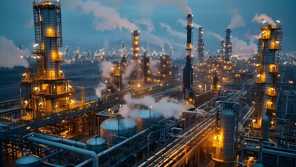 Oil and Gas Facility: Production, Refinery, Storage Tanks, and Infrastructure. Concept Oil and Gas Production, Refinery Operations, Storage Tanks, Infrastructure Development