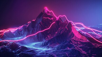 Digital mountain peak glowing with neon lights in a cyber landscape, showcasing a futuristic topography