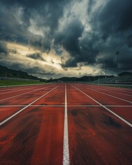 Empty stadium track with competition lanes, conveying the quiet before the storm of a major athletic contest - obrazy, fototapety, plakaty