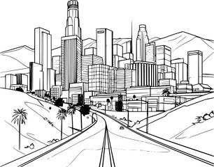 Art Deco-Inspired Continuous Line of City Resembling Los Angeles, Elegant Design