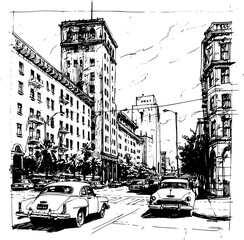 Fototapeta na wymiar Sketch of Urban Los Angeles Buildings, Urban Charm