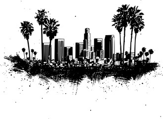 2D Drawing of Los Angeles Skyline on White Background, Classic Illustration