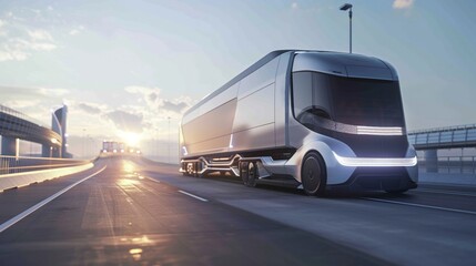 Futuristic transport truck cruising on an automated highway, a glimpse into the future of freight and logistics