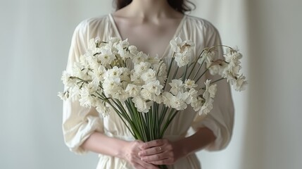   A woman in a white dress holds white flowers, her back against a white curtain