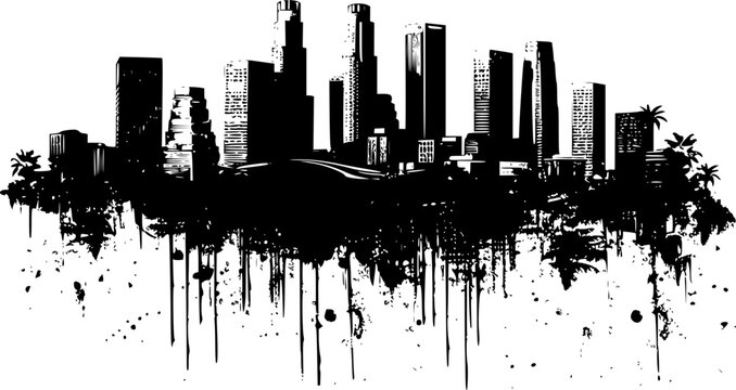 2D Drawing of Los Angeles Skyline on White Background, Classic Illustration
