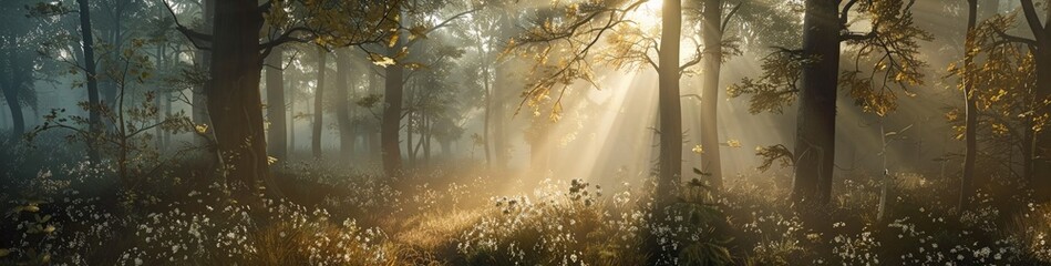 Misty forest at sunrise, tranquil sunrays illuminate the peaceful woodland, a serene natural escape