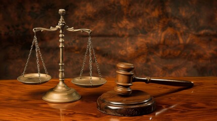 Scales of justice and a gavel on a polished wooden desk, the embodiment of legal proceedings and fairness