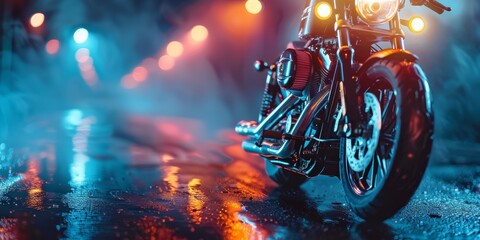 Motorcycle on a wet street at night, illuminated by colorful city lights with a bokeh effect