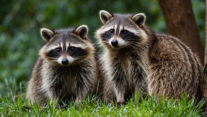 Two raccoons are sitting on a log looking at the camera.

