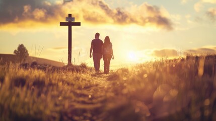 Silhouette of a couple walking hand in hand towards a cross at sunset, a scene imbued with faith, unity, and hope - AI generated.