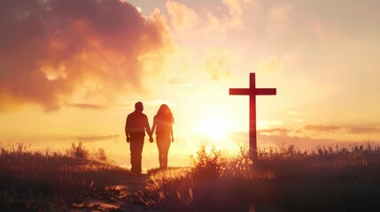 Silhouette of a couple walking hand in hand towards a cross at sunset, a scene imbued with faith, unity, and hope - AI generated.