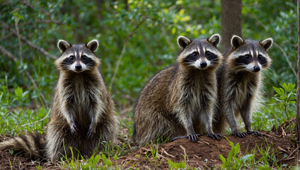 Obraz premium Two raccoons are sitting on a log looking at the camera.
