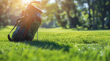 Golf bag on green grass in golf course