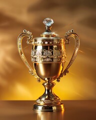 Fototapeta na wymiar Spotlight on a gleaming trophy, the focus of a grand celebration, symbolizing high achievement and glory