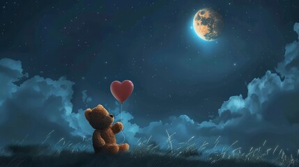 Teddy bear holding a balloon, floating towards a dreamy moon in a whimsical night sky, a scene of innocence and wonder