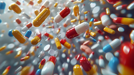 Assorted capsules and pills in motion - obrazy, fototapety, plakaty